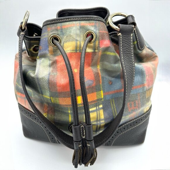 Y2K Dooney & Bourke Plaid Drawstring Shoulder Satchel Bag – Preppy Madras Print - Picture 9 of 16